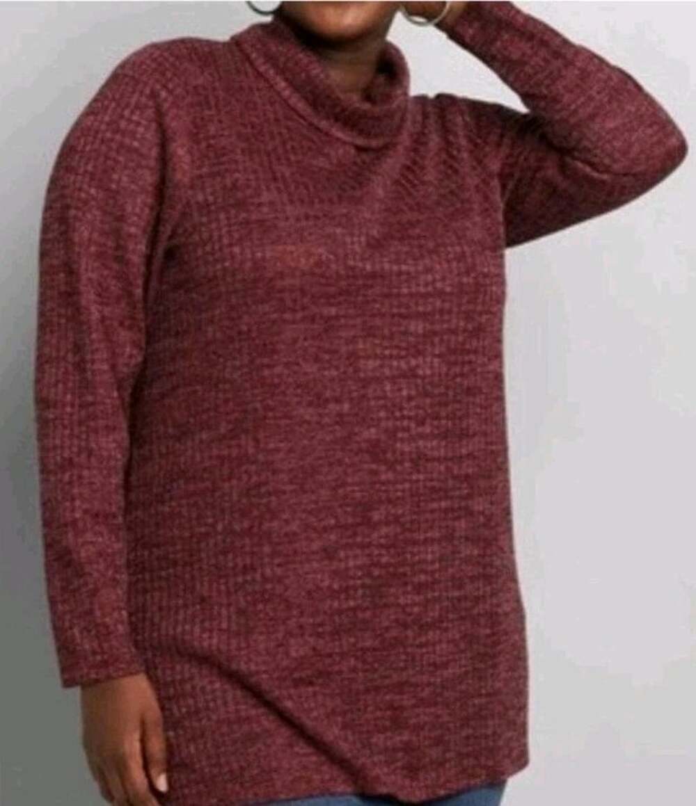 Lane Bryant Burgundy Metallic Stitch Cowl Neck Knit Tunic Top
